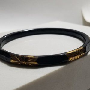 Antique Jet Glass Bracelet with Deco Gold Design